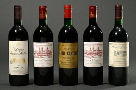 5 botellas de vino tinto: 2 de 1985, Château Cos D