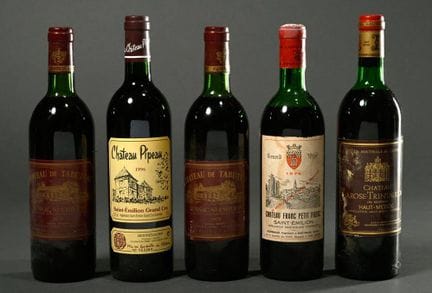 5 botellas de vino tinto: 1 de 1996, Château Pipea