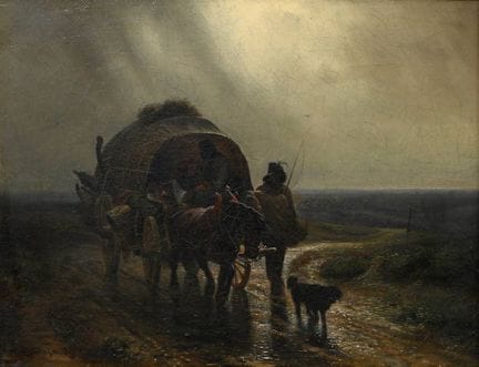 施莱辛格，卡尔（1825-1893）《雨中行进的篷车与远方风景》，油画/画布，左下角签名／标注/日期