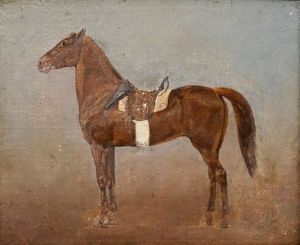 Lang, Heinrich (1838-1891) "Gesatteltes Pferd", Öl