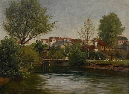 图贝克，保罗·威廉（1848-1924）《水畔之城》1878年，油画/画布，覆于画板上，左下角签名/