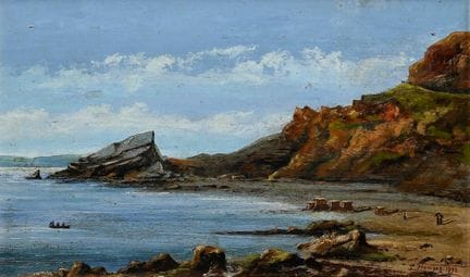 弗莱明·L.（19世纪）《布满岩石的海岸与海滩上的浴车》1892年，油画/画板，右下角署名/注明日期
