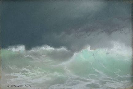 阿尔夫·巴赫曼（1863-1956）《比斯开湾的绿色浪涛》，粉彩画，左下角签名，背面标注，约25.5