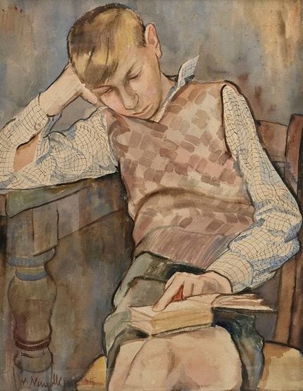 Neupolk, W. (?) "Lesender Junge" 1935, Aquarell, u