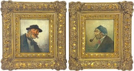 乔治·冈特（Georg Guenther），慕尼黑，两幅描绘手持烟斗和雪茄的人物头像画，装裱于华丽画