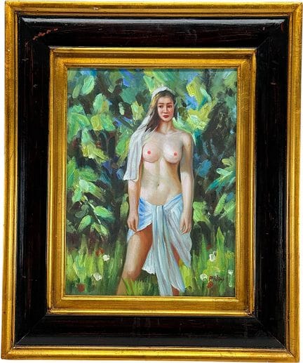 菲利普，《绿意盎然中头戴白布的站立女性裸体》，裸体画，带画框，20世纪
布面油画，右下角签名，20世