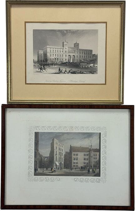 柏林与汉堡风光，托马斯·希伍德《汉堡火车站》，一家酒店前的街景，19世纪
两幅景观图，钢版蚀刻/纸本