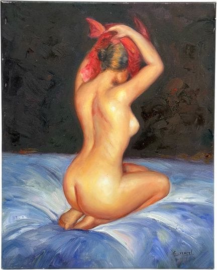可能为L. Warel所作，一幅从背后描绘的女性裸体画，身披红色布料，双膝跪地，双臂高举，20世纪下