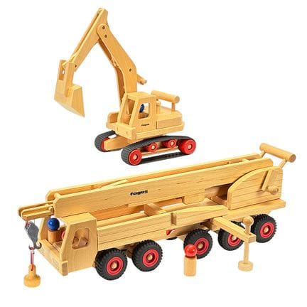 Giocattolo in legno Fagus, autogru ed escavatore c