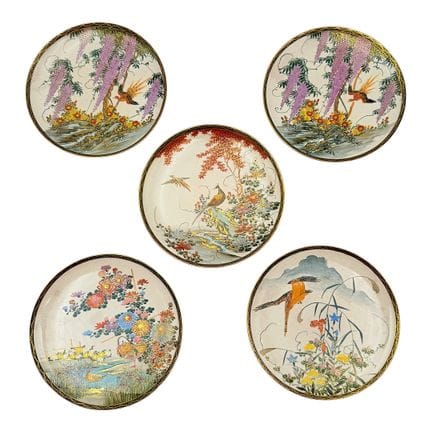 Five Satsuma plates with birds in flowering landsc