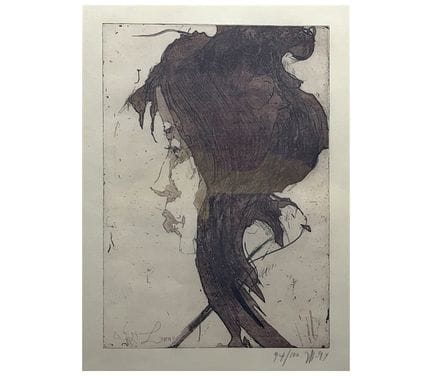 霍斯特·扬森，侧面头像，长发呈深色，汉堡画师创作的蚀刻版画，1994年
（1929年出生于汉堡——1