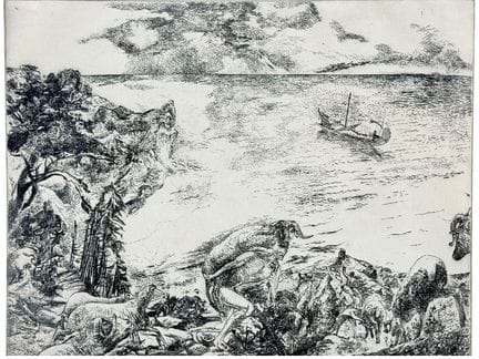 吉塞拉·科尔（Gisela Kohl），《奥德修斯》，布满帆船和公羊的嶙峋海岸，逃离独眼巨人洞穴
（