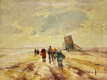 Bruno Jüttner, scena di spiaggia con pescatori e p