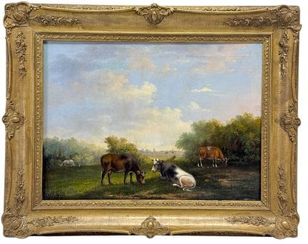 19世纪风景画家作品，描绘牧场风光，有正在吃草的牛群及村庄景色
油画/画布，未署名，19世纪。夏日牧