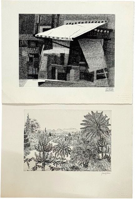 雅克·拉蒙多和雅克·乌普兰，建筑与棕榈景观，两幅，巴黎
两幅蚀刻版画，采用“BFK Rives”蚀刻