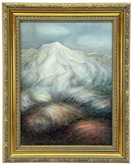 风景画家，装裱于华丽画框中的抽象阿尔卑斯山景画，画中描绘了白雪皑皑的山峰，20世纪
布面油画，未署名