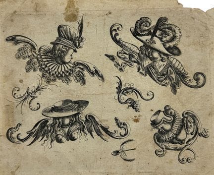 克里斯托夫·雅姆尼策尔，《四大阶层》，装饰版画，怪诞图案，长着翅膀的头颅，纽伦堡 1610年
（15