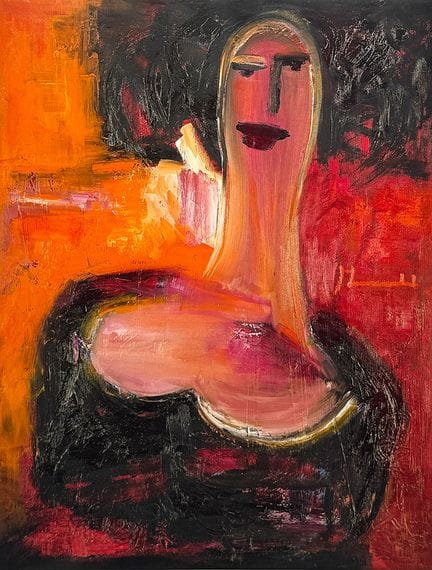 本特·梅里尔德（Bente Merrild），海报《圣母》（Madonna），以红色和橙色调呈现的抽