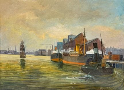 维戈·耶斯佩森，《工业港口：蒸汽船与即将离港的帆船》，港口风景画
（1893 – ?），丹麦艺术家，