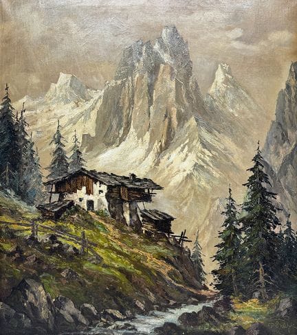 Pittore alpino, paesaggio di alta montagna, maso a