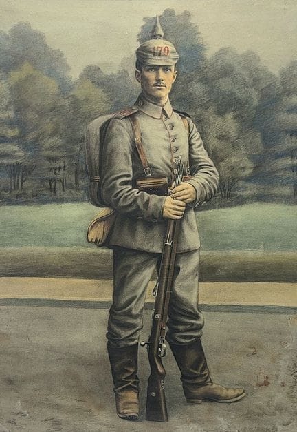 一战期间第170步兵团一名佩戴带刺钢盔的步兵肖像
彩色石版画/纸本，裱于硬纸板上，右下角石版上题有“