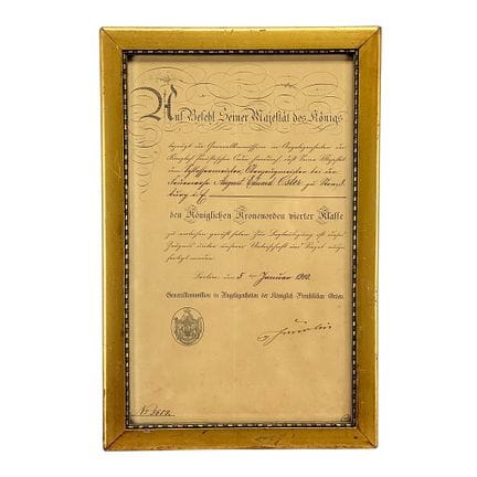 Prussia, certificato di conferimento dell’Ordine R
