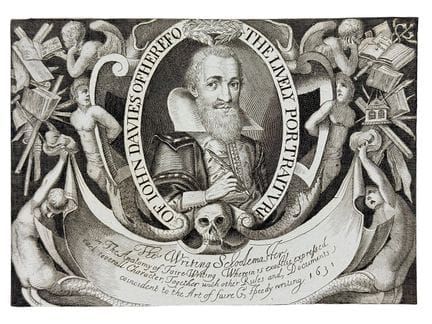 《书法教师》，赫里福德的约翰·戴维斯肖像，铜版画，作于1631年
铜版纸刻版画，版面内有题字。这位书