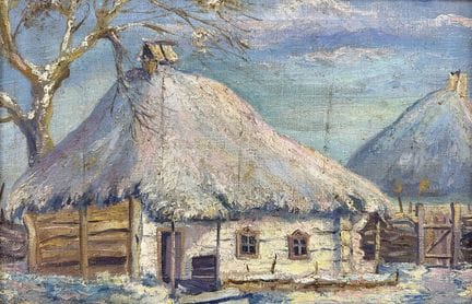 Reed-thatched houses in winter, cottage with snow-