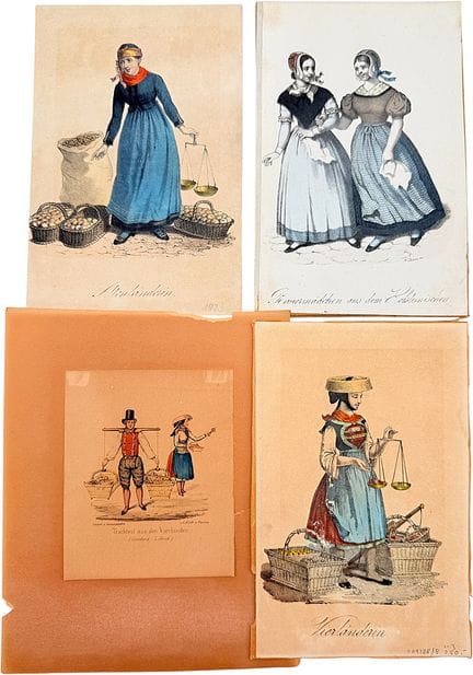 四幅维尔兰德和阿尔特斯兰德女性传统服饰版画，C. A. 利尔与 H. 耶森，汉堡
四幅描绘北德传统服
