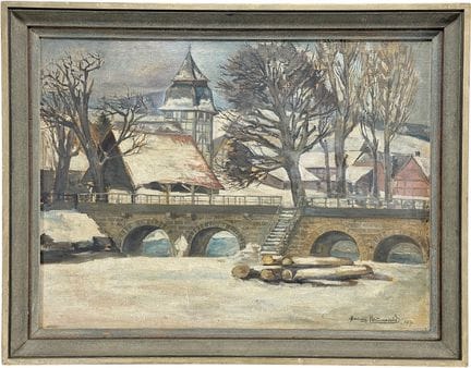 Heinz Maiwald, Winter Village View with Stone Brid