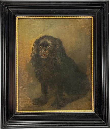 G. 里纳克，一幅描绘坐姿黑褐色西班牙猎犬的肖像画，动物画
油画/木板，约1900年，左下角署名“G