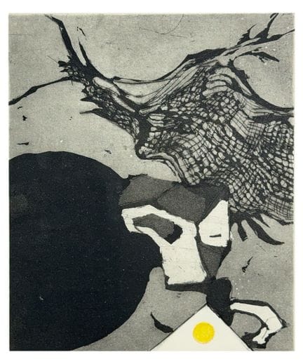 奥托·埃格劳，《带黄色圆圈的抽象构图》，锡尔特岛版画家创作的蚀刻版画，1980年
（1917年出生于