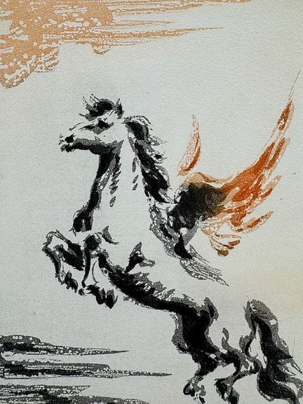 何塞·曼努埃尔·卡普莱蒂，《腾跃的佩加索斯》，黑色与橙色的有翼骏马，神话题材
（1925年出生于巴利