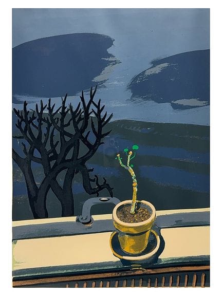 沃尔夫冈·马特霍伊尔，《初绿》，窗景，有花盆和树木，莱比锡画派，1974年
（1927年出生于福格特