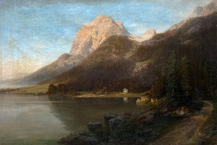 赫尔曼·克鲁格，《欣特塞湖畔的阿尔卑斯山景与小教堂——暮色中》，杜塞尔多夫画派
布面油画，右下角签名