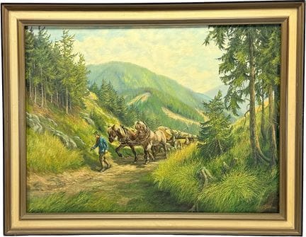 汉斯·博姆，森林小径上由马队拉动的运木车，山景中点缀着云杉，哈茨画家
（1926年克劳斯塔尔-策勒费