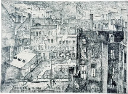 吉泽拉·科尔，《俯瞰城市后院与屋顶，烟囱点缀其间》，1970年
（生于1943年）。纸本蚀刻版画，画