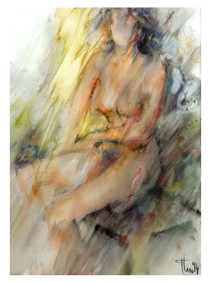 Theo, seated female nude in yellow, red, blue and 