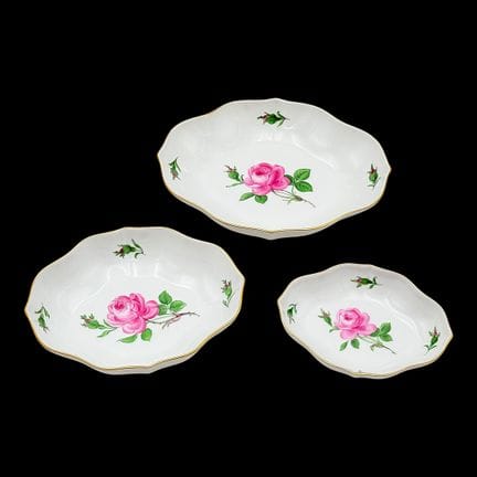 Meissen Three Dishes with Red Rose, Shaped and Sca