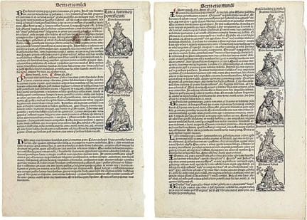 Crónica de Núremberg, dos hojas de incunable, papa