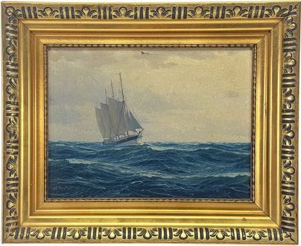 瓦尔德马·施利希廷，《风浪中航行的帆船海景》，柏林海景画
油画/画布，左下角署名“W. Schlic