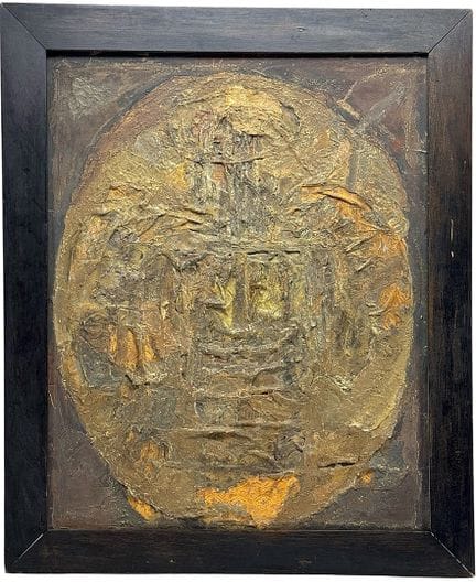 曾力，《宫廷时装 I》，中国先锋派纺织品拼贴画，创作于1990年
布面纺织品与颜料拼贴画，画布背面以