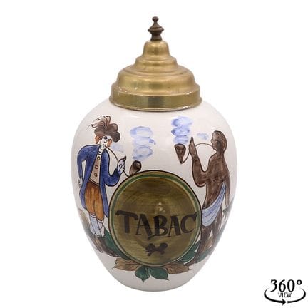 Vaso per tabacco con fumatori di pipa e cartiglio 