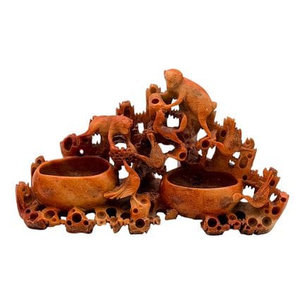 Chinese Soapstone Brush Washer with Monkeys and Bi