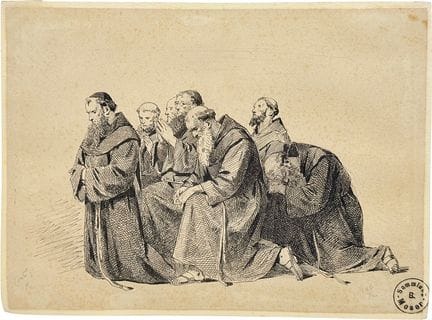可能是尤利乌斯·施密德（Julius Schmid），《信徒》，七位身着带兜帽修道服、跪地的修士，人