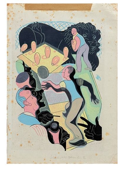 莱昂·安德伍德，《黑狮酒馆的保龄球》，彩色亚麻油画版画，附签名，1936年
（1890年出生于伦敦—