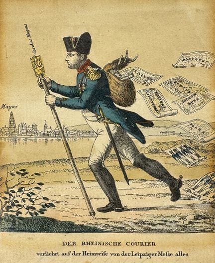 《莱茵信使报》，1814年莱比锡战役后拿破仑逃亡的讽刺画
手工上色的蚀刻版画/纸本，约1814年，可