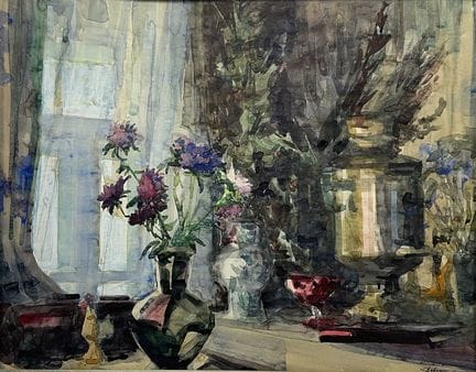 风俗画，静物画（含花瓶和萨摩瓦尔壶），窗帘前的紫菀花，室内景
纸本水彩画，右下角有签名和日期（字迹无