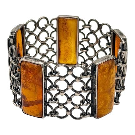 Bracelet en ambre et argent 835, cinq cabochons d’