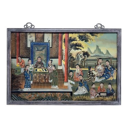 中国反玻璃画，山间屋内及庭院中的文人携书，20世纪
反玻璃画，部分区域以类似单版画的方式印制，无署名